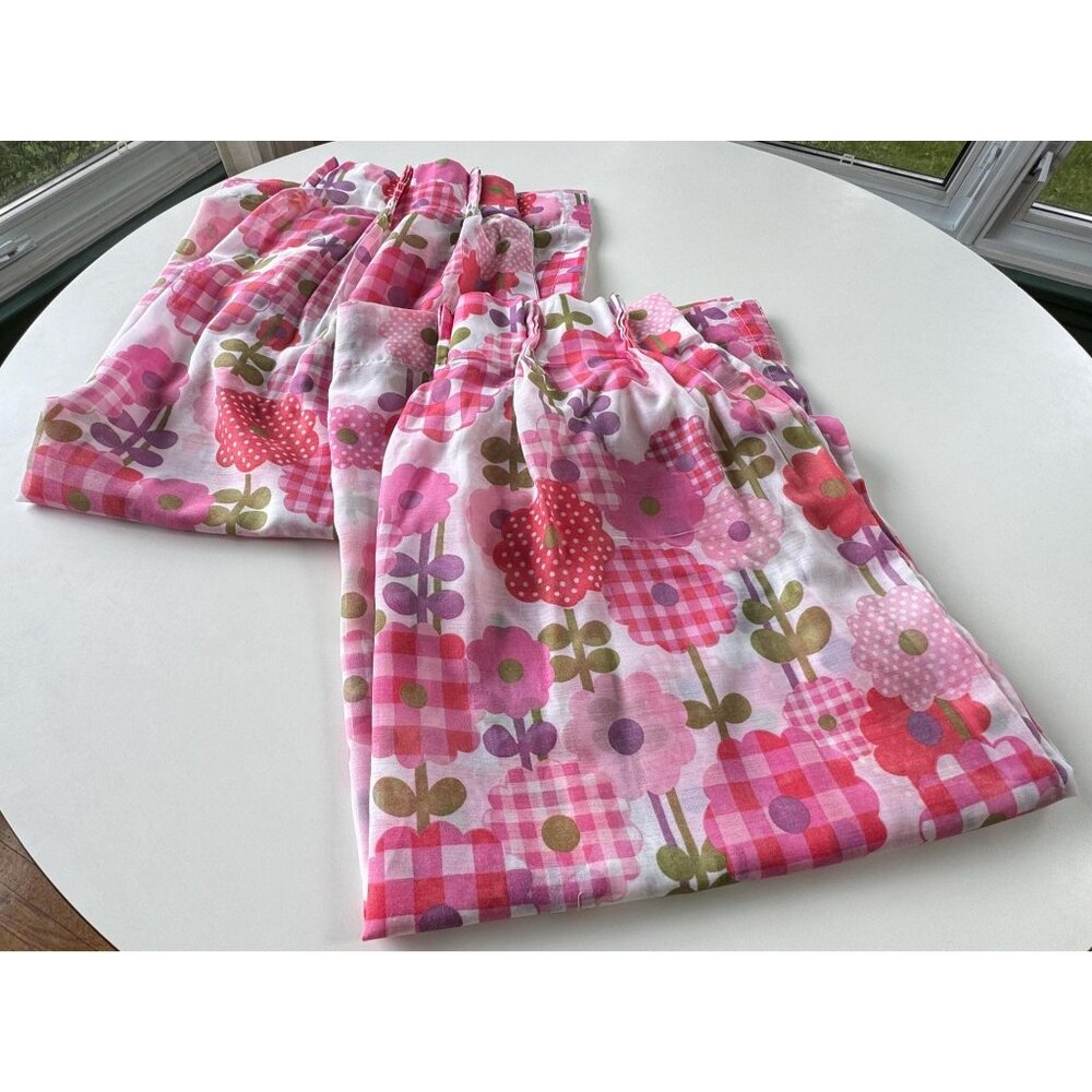 Vintage 70s curtains, pink plaid daisy flowers, pleated semi-sheer, 1 pair